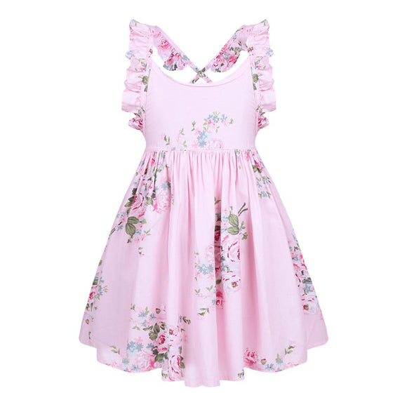 Girls Dress Cotton Leaky Back Retro Floral Cute Sweet Fashion Kids Clothing Beach Outdoor Casual